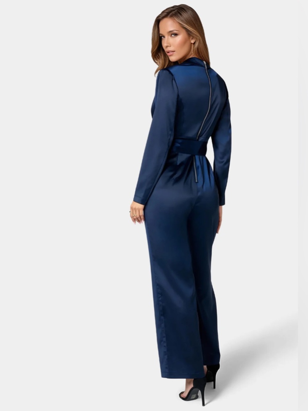 bebe Satin Navy Wrap Jumpsuit with Tie Belt - Picture 2 of 3